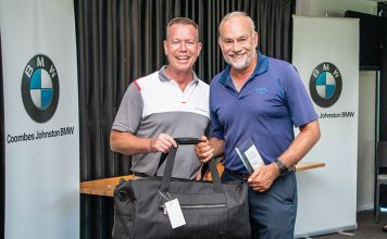 Ultimate Driving Experience – BMW Golf Cup Mt Maunganui winner Ed Davies (right) with local BMW dealer principal Kevin Pead. Photo: TeamBarratt Photography.