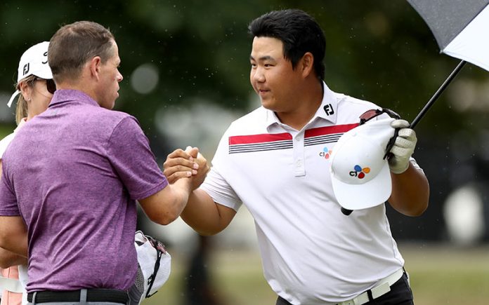 Joohyung Kim of South Korea celebrates his round during day one of the 2020 New Zealand Golf Open at Millbrook Resort in Queenstown, New Zealand. (Photo by Hannah Peters/Getty Images)