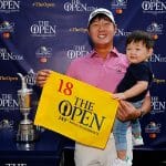 Lee Granted Spot in The Open Danny Lee and his son, Roi, pose with the Claret Jug while holding a pin flag after qualifying for the 149th Open Championship at Royal St. George's Golf Club. (Photo by Michael Reaves/R&A/R&A via Getty Images)
