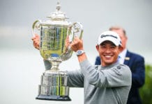 Morikawa Joins Elite to Win US PGA Champs at 23 Collin Morikawa holds up the Wanamaker Trophy after winning the 2020 US PGA Championships (US PGA)