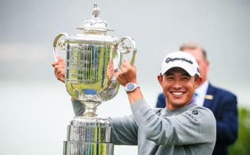 Morikawa Joins Elite to Win US PGA Champs at 23 Collin Morikawa holds up the Wanamaker Trophy after winning the 2020 US PGA Championships (US PGA)