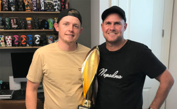 The Caddy Life: Sam Pinfold Cam Smith & Sam Pinfold in Hawaii with the Sony Open Trophy which Smith won in January (Supplied)