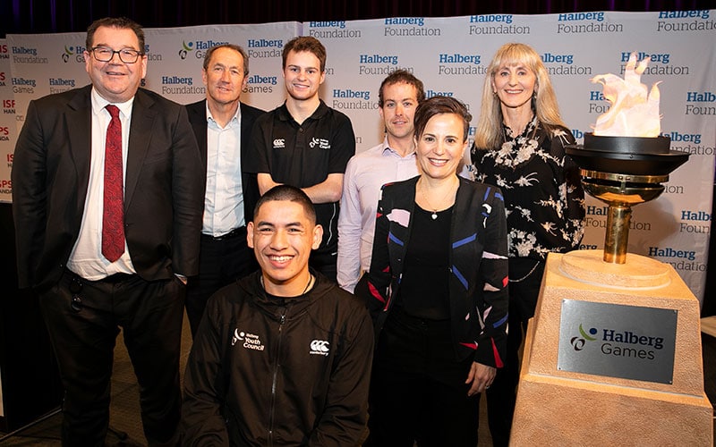 Hon Grant Robertson, Peter Miskimmin, Youth Councillor’s Anton Besseling and Thomas Chin, Paralympian Adam Hall, Halberg Games Ambassador Paula Tesoriero and Halberg Foundation CE Shelley McMeeken at the 2019 Halberg Games Opening Ceremony. (Left to right)