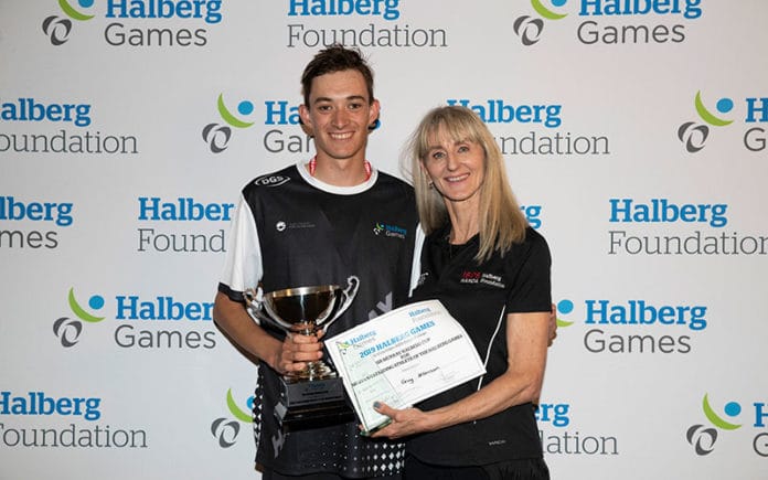 Sir Murray Halberg Cup for Most Outstanding Athlete winner Guy Harrison (Hawke’s Bay) with Halberg Foundation CE Shelley McMeeken at the 2019 Halberg Games Closing Ceremony