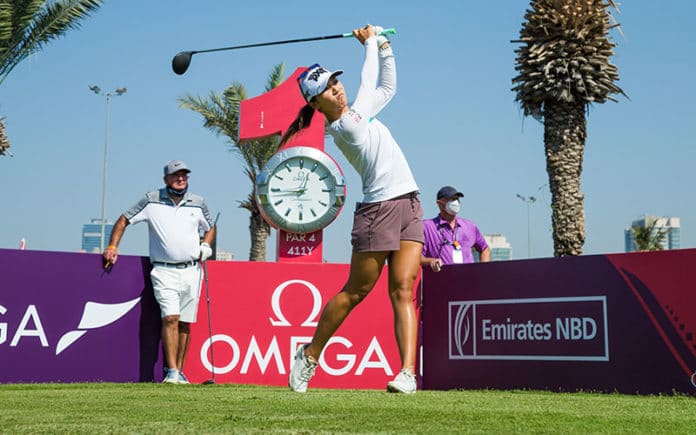 Lydia Ko tees off in the Ladies European Tour 2020 Omega Dubai Moonlight Classic at Emirates Golf Club, (Tristan Jones/LET)