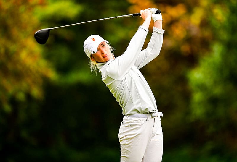 Amelia Garvey watches her tee shot on the sixth hole during the second round at the 2020 U.S. Women's Open at Champions Golf Club (Jackrabbit Course) in Houston, Texas. (Robert Beck/USGA)