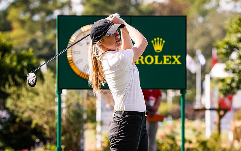 Amelia Garvey plays her tee shot on the first hole during the first round at the 2020 U.S. Women's Open at Champions Golf Club (Cypress Creek Course) in Houston, Texas. (Jeff Haynes/USGA)