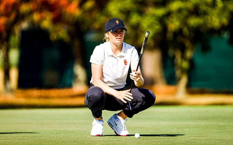 Amelia Garvey looks over the 18th green during the first round at the 2020 U.S. Women's Open at Champions Golf Club (Cypress Creek Course) in Houston, Texas. (Jeff Haynes/USGA)