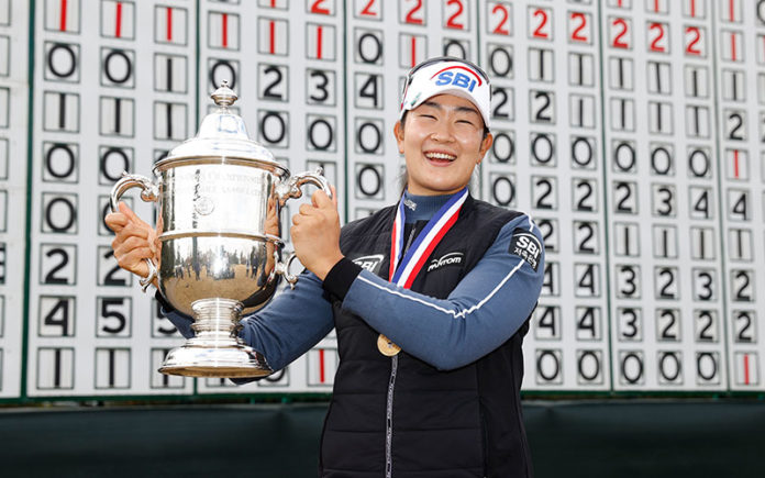 A Lim Kim poses with the trophy after winning the 2020 U.S. Women's Open at Champions Golf Club (Cypress Creek Course) in Houston, Texas on Monday, Dec. 14, 2020. (Chris Keane/USGA)