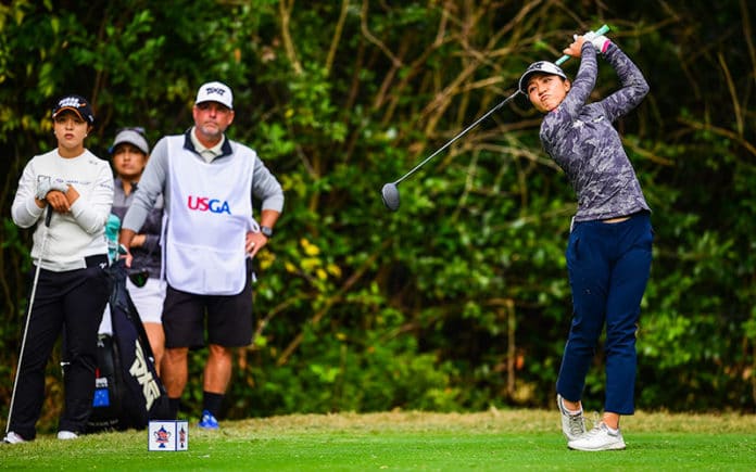 Lydia Ko hits her tee shot on the ninth hole during the third round at the 2020 U.S. Women's Open at Champions Golf Club (Cypress Creek Course) in Houston, Texas. (Robert Beck/USGA)