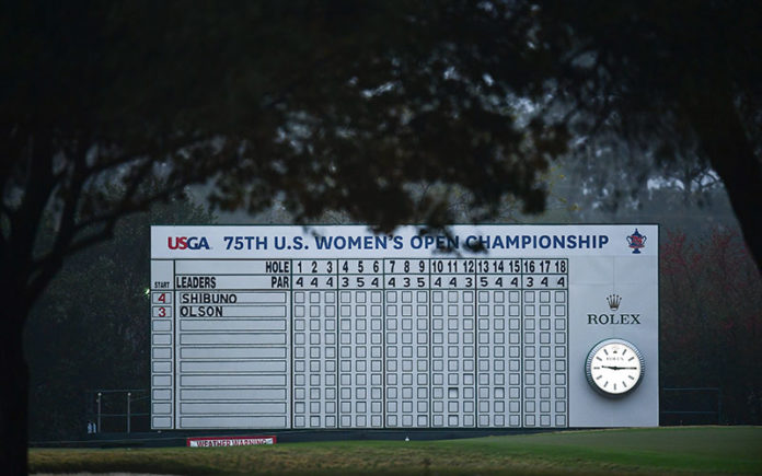 The scoreboard in a weather delay during the final round at the 2020 U.S. Women's Open at Champions Golf Club (Cypress Creek Course) in Houston, Texas. (Robert Beck/USGA)