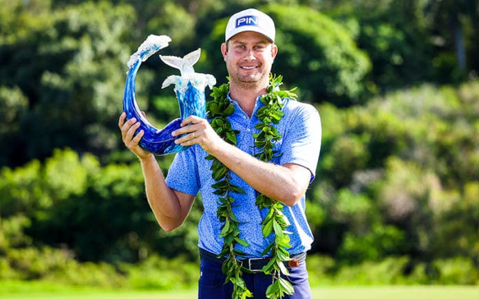 Harris English poses with the trophy after winning the Sentry Tournament Of Champions at the Kapalua Plantation Course in Kapalua, Hawaii. (Photo by Gregory Shamus/Getty Images)