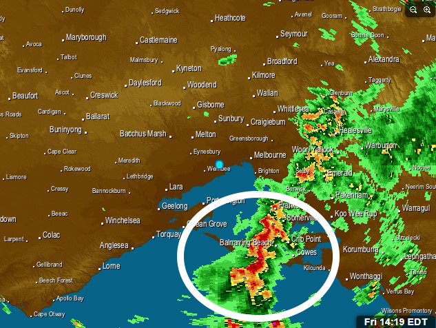 Storm Cell (Circled) that has halted play in the Vic PGA.