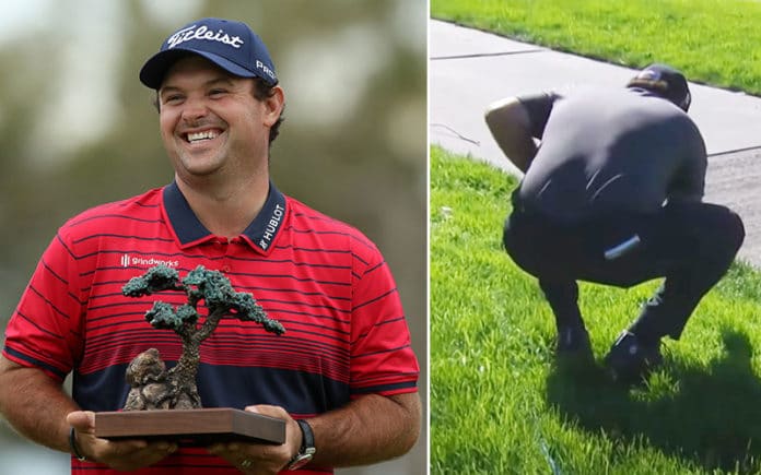 Patrick Reed after winning the Farmers Insurance Open on the left, mired in controversy on the right. (Left: PGA Tour, Right: Youtube)