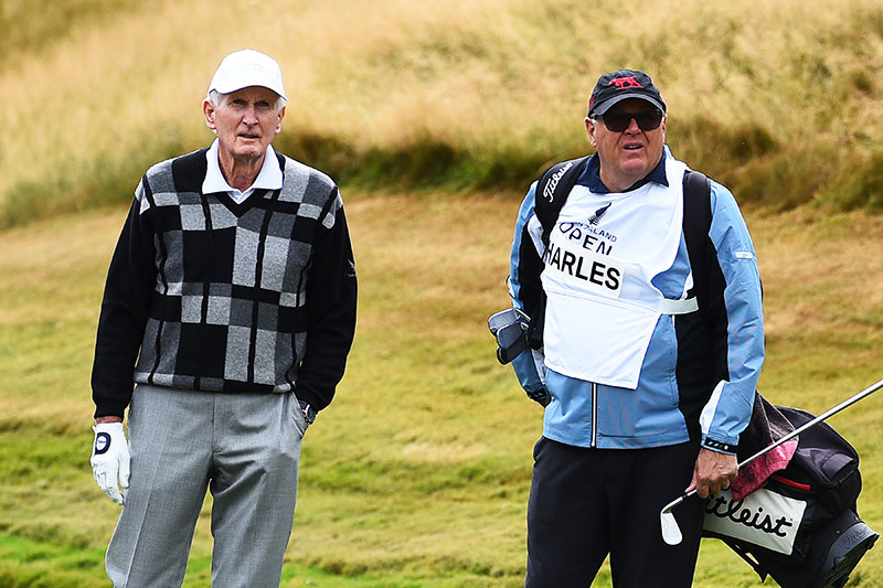 Sir Bob Charles and Michael Glading during the Par 3 Champions at the "Farm" during 100th New Zealand Golf Open. The Hills, Arrowtown. New Zealand. Thursday 28 February 2019. ©Copyright Photo: Chris Symes / www.photosport.nz