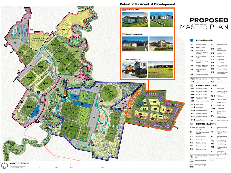 Springfield Golf Course currently sits within the Blue and Orange areas of this map. (Westbrook Sport and Recreation Precinct - Taiwhanga Rotorua - concept map)