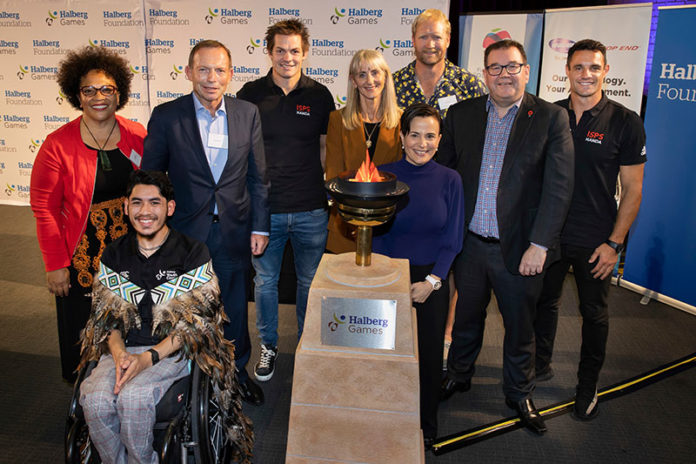 Anahila Kanongata'a-Suisuiki, ISPS Handa Patron Tony Abbott, ISPS Handa Ambassadors Dan Carter, Richie McCaw, Deputy Prime Minister Grant Robertson, Halberg Chief Executive Shelley McMeeken, Disability Rights Commissioner Paula Tesoriero, Halberg Youth Councillors Thomas Chin and Guy Harrison and Eric Murray at the Halberg Games