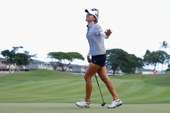 Lydia Ko reacts after her final putt on the 18th green to win the LPGA LOTTE Championship at Kapolei Golf Club on April 17, 2021 in Kapolei, Hawaii. (Photo by Christian Petersen/Getty Images)