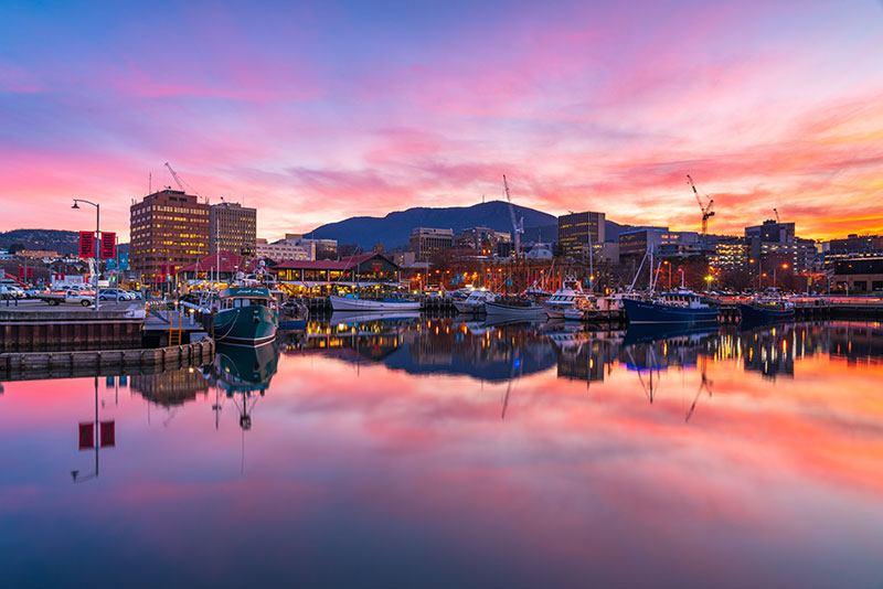 Hobart waterfront at sunset (Photo: Luke Tscharke)