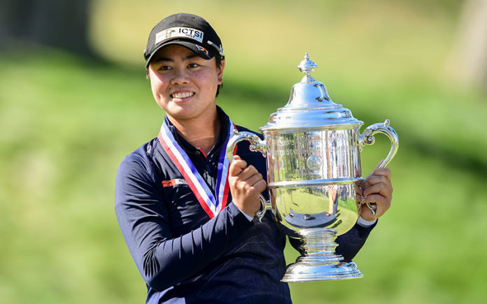 Yuka Saso poses with the trophy after winning the 2021 U.S. Women's Open on the third playoff hole at The Olympic Club in San Francisco, Calif. on Sunday, June 6, 2021. (Robert Beck/USGA)