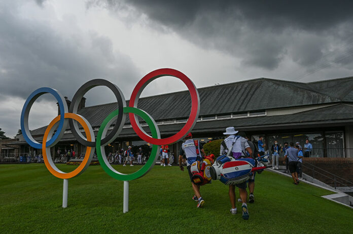 Play is suspended due to dangerous weather and lightning approaching during the first round of the Men’s Individual Stroke Play event on Day 9 of the Tokyo 2020 Olympics at the Kasumigaseki Country Club on July 29, 2021 in Saitama, Japan. (Photo by Ben Jared/PGA TOUR/IGF)