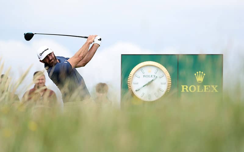 Dustin Johnson of the United States tees off during a practice round for The 149th Open at Royal St George’s Golf Club on July 11, 2021 in Sandwich, England. (Photo by Warren Little/R&A/R&A via Getty Images)