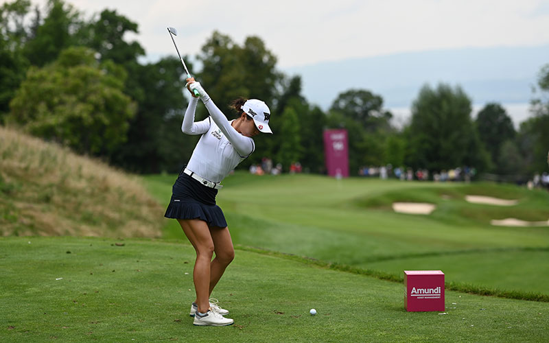 Lydia Ko plays her tee shot on the 14th hole during day three of the The Amundi Evian Championship at Evian Resort Golf Club. (Photo by Stuart Franklin/Getty Images)