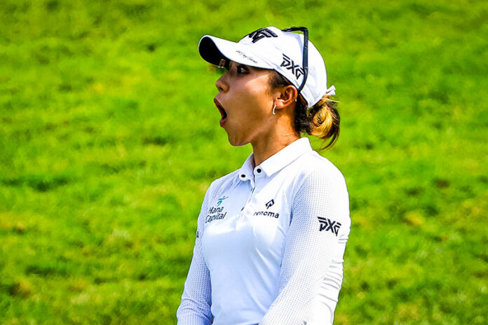 Lydia Ko reacts to a birdie putt on the 14th hole during the first round of the Dow Great Lakes Bay Invitational on July 14, 2021 in Midland, Michigan. (Photo by Sam Greenwood/Getty Images)