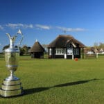 Fox and Hillier Tune Up Together Ahead of Open Championship The Claret Jug photographed on the first tee at the host venue for the The Open Championship to be held at Royal St George’s Golf Club on May 18, 2021 in Sandwich, England. (Photo by David Cannon/R&A/R&A via Getty Images)