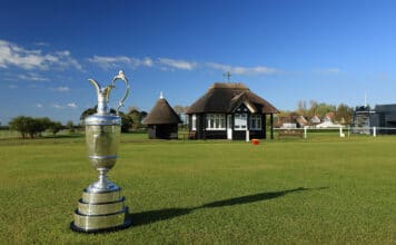 Fox and Hillier Tune Up Together Ahead of Open Championship The Claret Jug photographed on the first tee at the host venue for the The Open Championship to be held at Royal St George’s Golf Club on May 18, 2021 in Sandwich, England. (Photo by David Cannon/R&A/R&A via Getty Images)