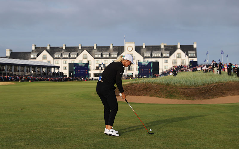 Anna Nordqvist of Sweden plays a shot on the eighteenth hole during Day Four of the AIG Women's Open at Carnoustie Golf Links on August 22, 2021 in Carnoustie, Scotland. (Photo by Warren Little/R&A/R&A via Getty Images)