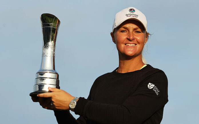 Champion, Anna Nordqvist of Sweden poses with the AIG Women's Open trophy during Day Four of the AIG Women's Open at Carnoustie Golf Links on August 22, 2021 in Carnoustie, Scotland. (Photo by Warren Little/R&A/R&A via Getty Images)