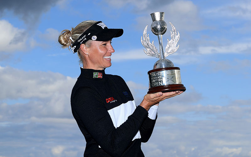 Ryann O'Toole of The United States poses with the trophy after her three shot win in the final round of the Trust Golf Women's Scottish Open at Dumbarnie Links on August 15, 2021 in Leven, Scotland. (Photo by David Cannon/Getty Images)