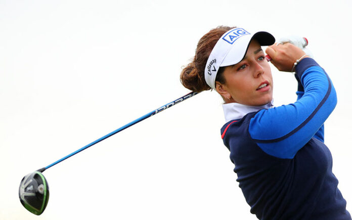 Georgia Hall of England tees off on the fourth hole during Day Two of the AIG Women's Open at Carnoustie Golf Links on August 20, 2021 in Carnoustie, Scotland. (Photo by Chloe Knott/R&A/R&A via Getty Images)