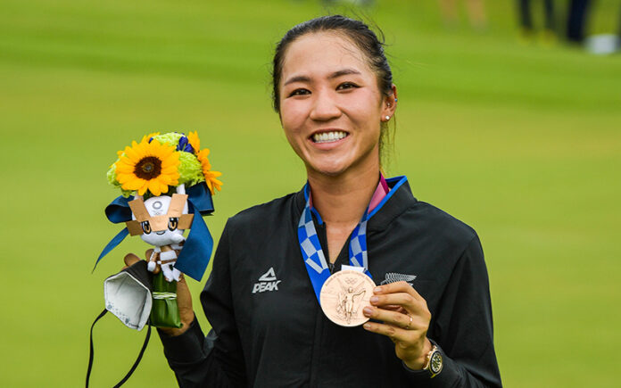 Lydia Ko celebrates with the bronze medal at the Victory Ceremony after the final round of the Women’s Individual Stroke Play event on Day 18 of the Tokyo 2020 Olympics at the Kasumigaseki Country Club on August 7, 2021 in Saitama, Japan. (Photo by Stan Badz/PGA TOUR/IGF)