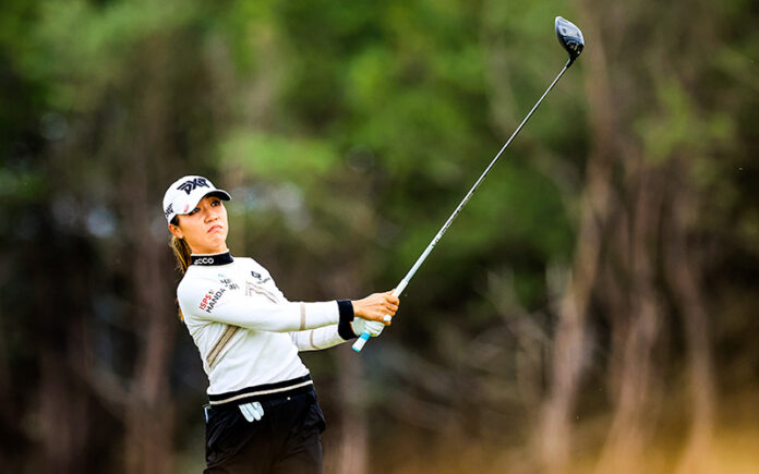 Lydia Ko plays her tee shot on the first hole during the final round where she shot a course record of the Trust Golf Women's Scottish Open at Dumbarnie Links on August 15, 2021 in Leven, Scotland. (Photo by David Cannon/Getty Images)