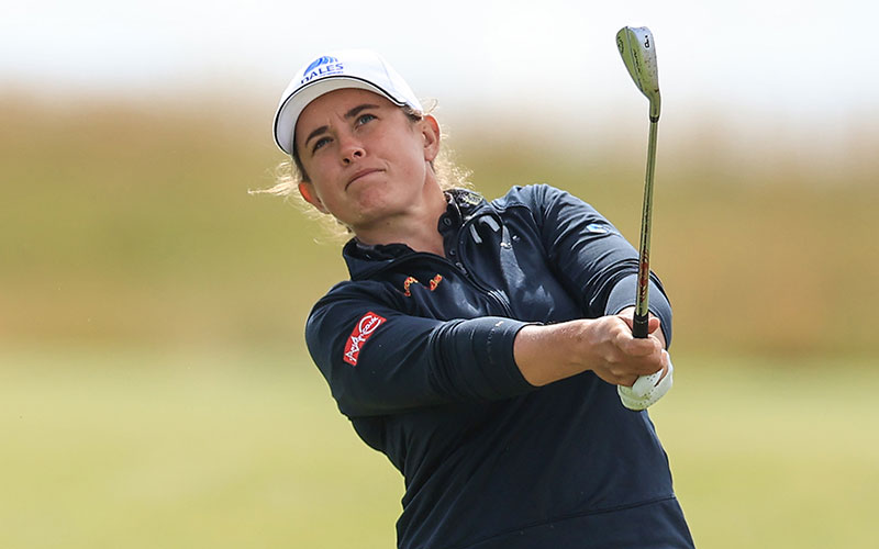 Michelle Thompson of Scotland plays her second shot on the 18th hole during the first round of the Trust Golf Women's Scottish Open at Dumbarnie Links on August 12, 2021 in Leven, Scotland. (Photo by David Cannon/Getty Images)