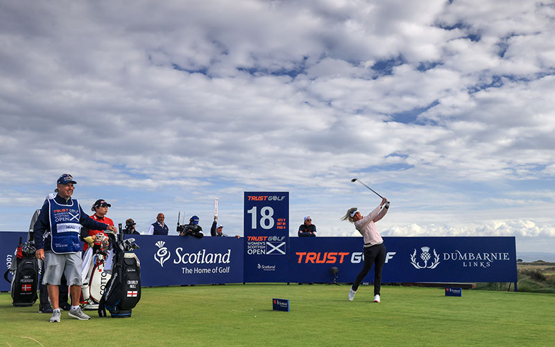 Charley Hull of England plays her tee shot on the 18th hole during the third round of the Trust Golf Scottish Women's Open at Dumbarnie Links on August 14, 2021 in Leven, Scotland. (Photo by David Cannon/Getty Images)