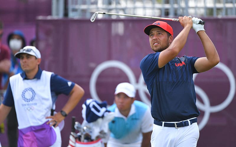 Xander Schauffele of the United States watches his shot on the 10th tee box during the final round of the Men’s Individual Stroke Play event on Day 12 of the Tokyo 2020 Olympics at the Kasumigaseki Country Club on August 1, 2021 in Saitama, Japan. (Photo by Ben Jared/PGA TOUR/IGF)