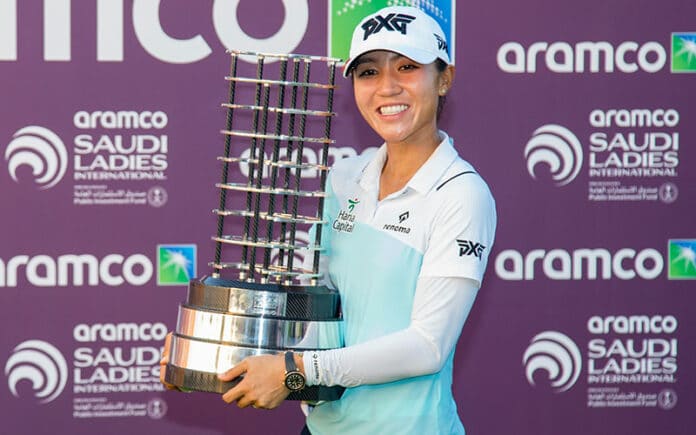 Lydia Ko with her trophy after winning the Aramco Saudi Ladies International Presented By Public Investment Fund, Royal Greens Golf and Country Club, Jeddah, Saudi Arabia. Credit: Tristan Jones/LET