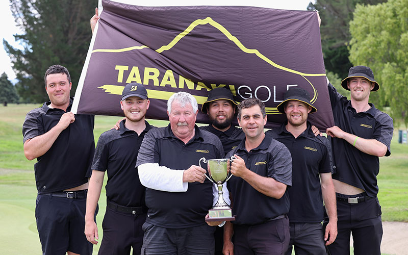 Taranaki players celebrate their win during the 5th day of the New Zealand Men's Interprovincial Tournament at Ashburton Golf Club, Ashburton on Saturday 04 December 2021. Photo: Martin Hunter/www.bwmedia.co.nz - Supplied by Golf NZ