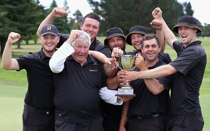 Taranaki players celebrate their win during the 5th day of the New Zealand Men's Interprovincial Tournament at Ashburton Golf Club, Ashburton on Saturday 04 December 2021. Photo: Martin Hunter/www.bwmedia.co.nz Supplied by Golf NZ