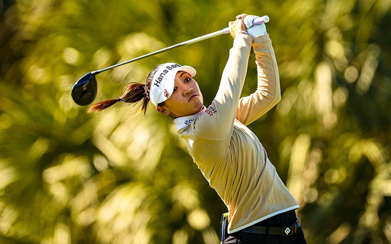 Lydia Ko hits from the 5th tee during the final round of the 2022 Gainbridge LPGA at Boca Rio Golf Club on January 30, 2022 in Boca Raton, Florida. (Photo by Douglas P. DeFelice/Getty Images)