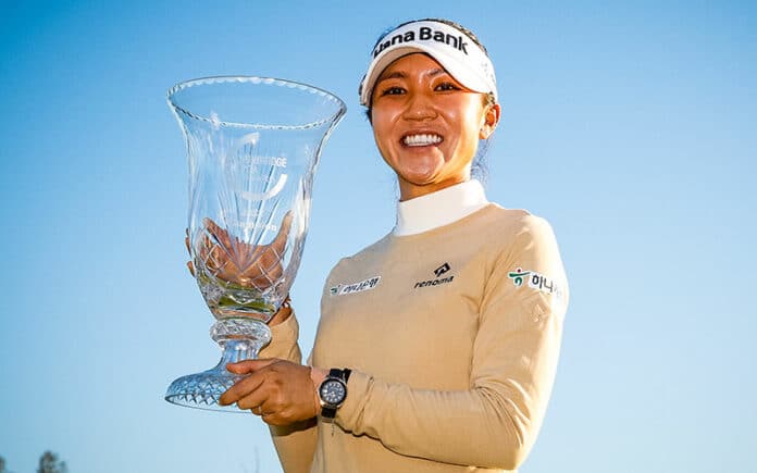 Lydia Ko poses with the trophy after winning the 2022 Gainbridge LPGA at Boca Rio Golf Club on January 30, 2022 in Boca Raton, Florida. (Photo by Douglas P. DeFelice/Getty Images)